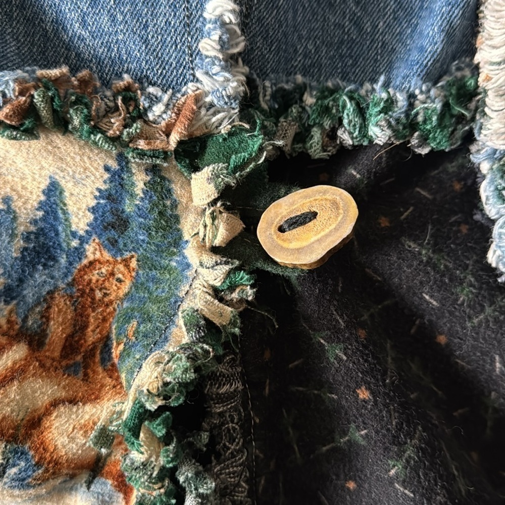 Boho Western Hand Crafted Denim Fringe Patchwork Jacket Coat Womens S-L Quirky - Picture 7 of 16
